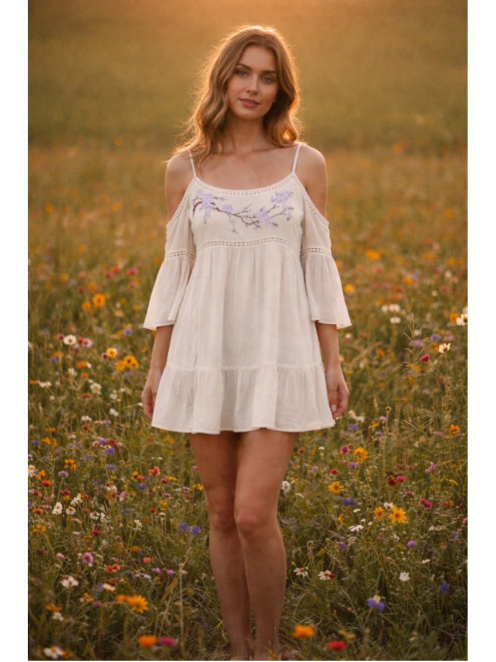 Soprano Floral Embroidered Cold Shoulder Mini Dress/Blouse Women's Size M